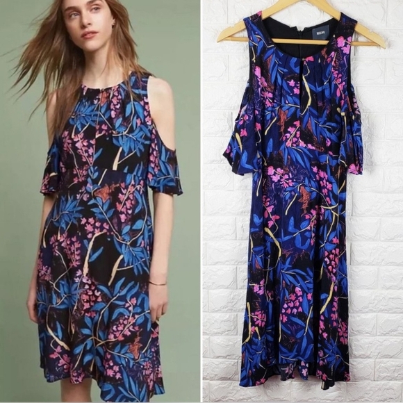 Anthropologie MAEVE Elia Open- Shoulder Dress In Floral Navy Motif Size 6 - Picture 1 of 16